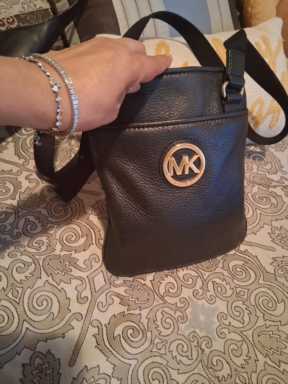 Michael Kors Black Pebbled Leather Crossbody with Gold MK Medallion